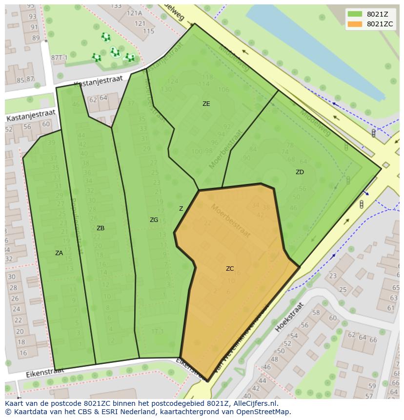 Afbeelding van het postcodegebied 8021 ZC op de kaart.