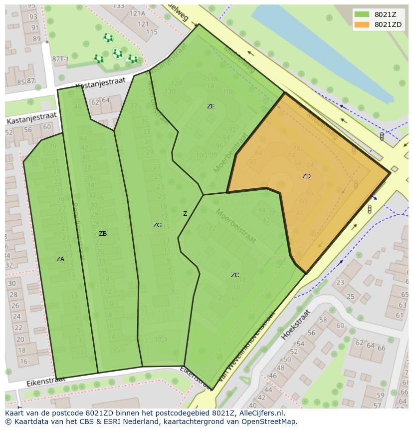 Afbeelding van het postcodegebied 8021 ZD op de kaart.