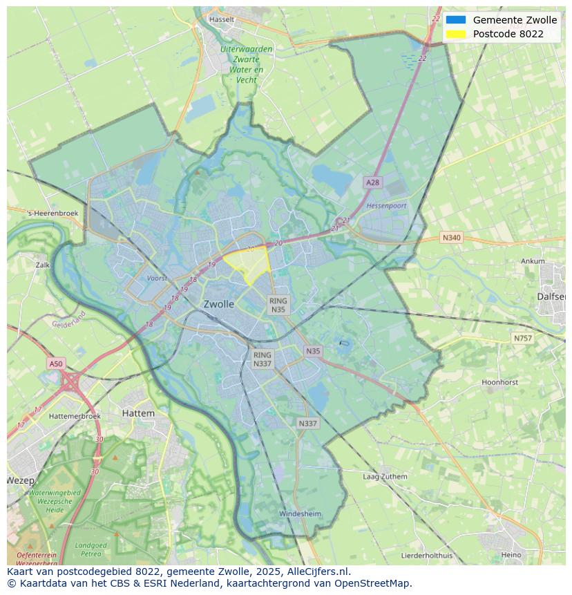 Afbeelding van het postcodegebied 8022 op de kaart.