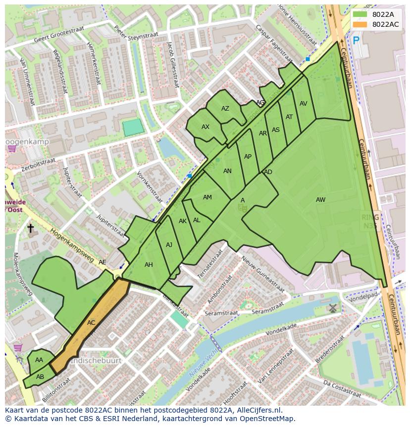 Afbeelding van het postcodegebied 8022 AC op de kaart.