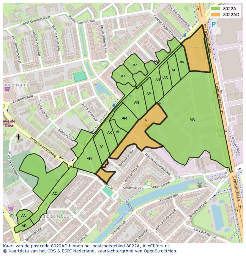 Afbeelding van het postcodegebied 8022 AD op de kaart.