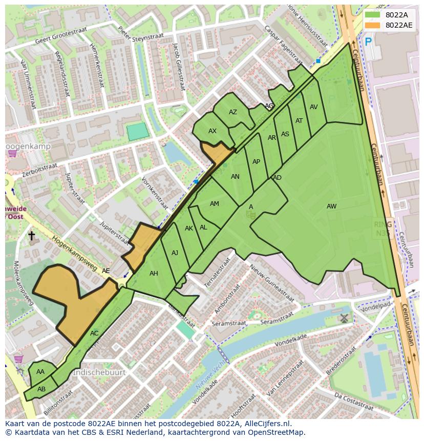 Afbeelding van het postcodegebied 8022 AE op de kaart.
