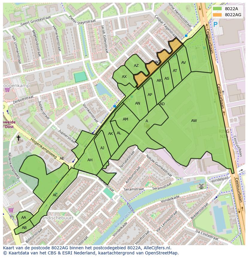 Afbeelding van het postcodegebied 8022 AG op de kaart.