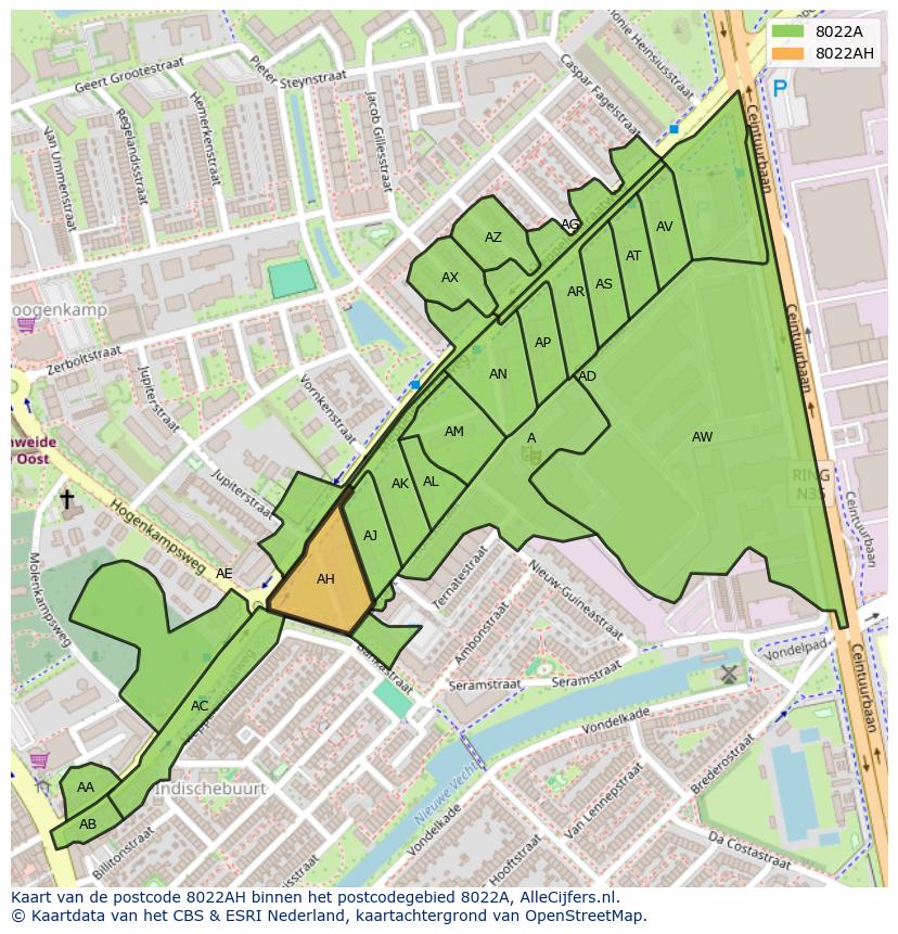 Afbeelding van het postcodegebied 8022 AH op de kaart.