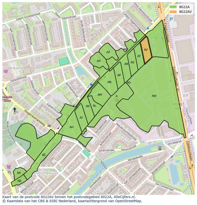 Afbeelding van het postcodegebied 8022 AV op de kaart.
