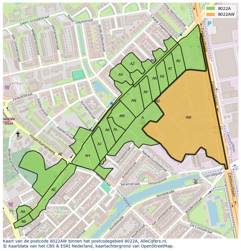 Afbeelding van het postcodegebied 8022 AW op de kaart.