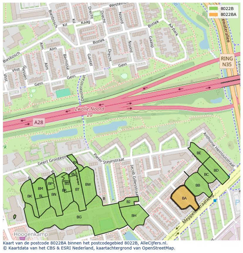 Afbeelding van het postcodegebied 8022 BA op de kaart.