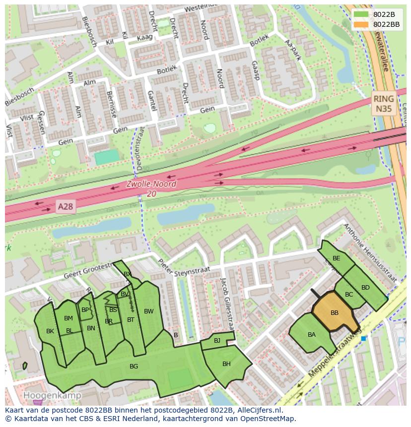 Afbeelding van het postcodegebied 8022 BB op de kaart.