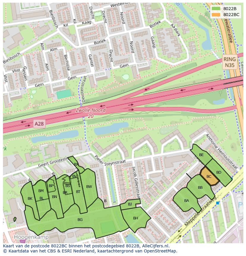 Afbeelding van het postcodegebied 8022 BC op de kaart.