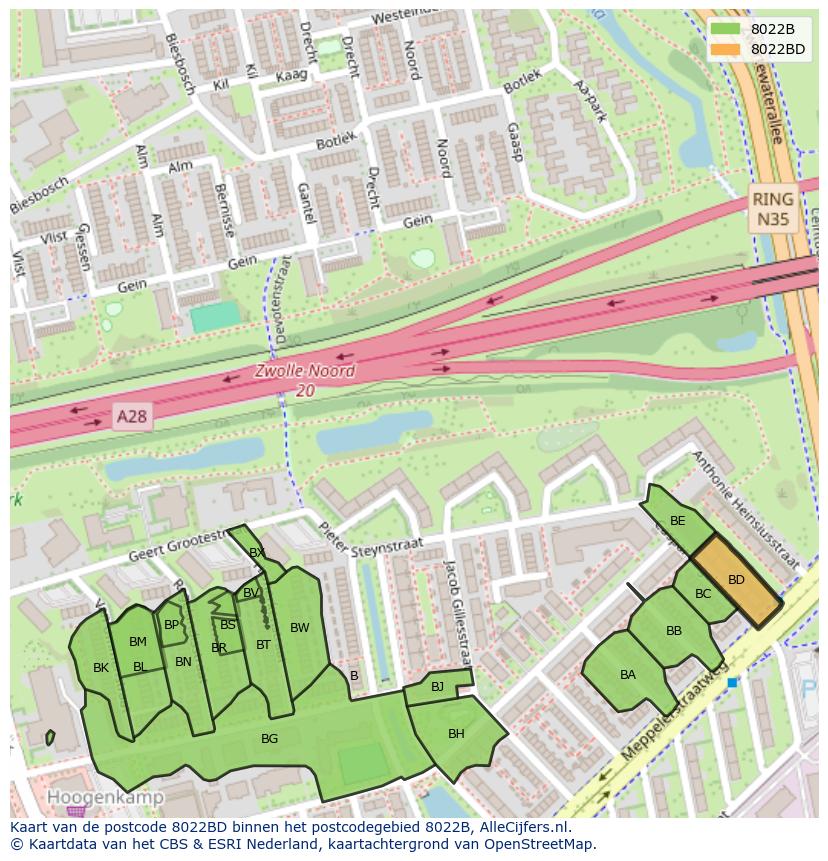 Afbeelding van het postcodegebied 8022 BD op de kaart.
