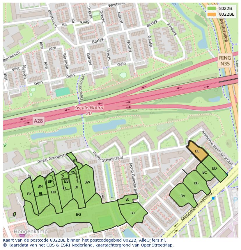 Afbeelding van het postcodegebied 8022 BE op de kaart.