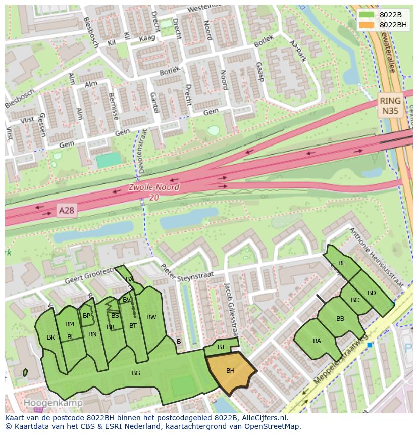 Afbeelding van het postcodegebied 8022 BH op de kaart.