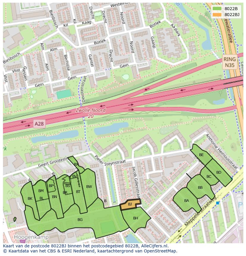 Afbeelding van het postcodegebied 8022 BJ op de kaart.