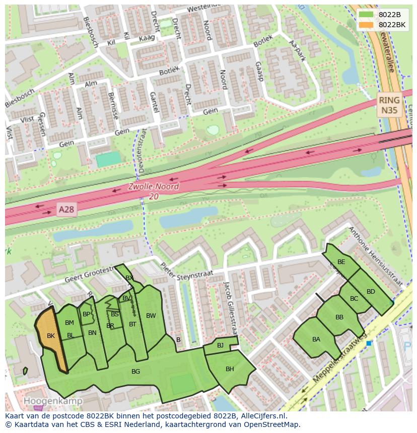 Afbeelding van het postcodegebied 8022 BK op de kaart.