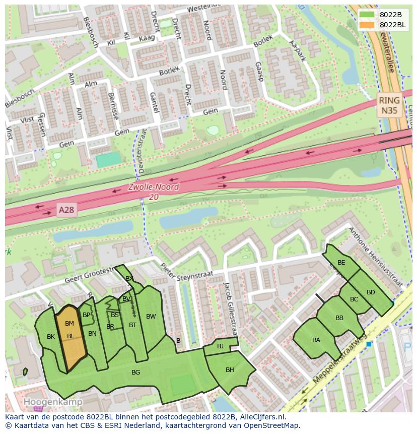 Afbeelding van het postcodegebied 8022 BL op de kaart.
