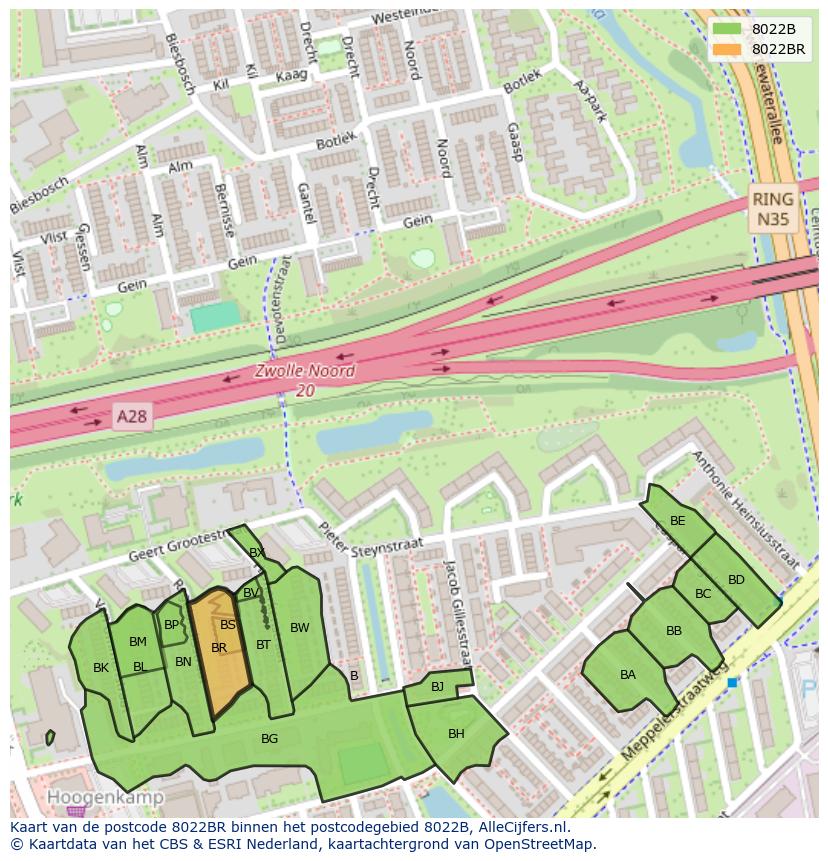Afbeelding van het postcodegebied 8022 BR op de kaart.