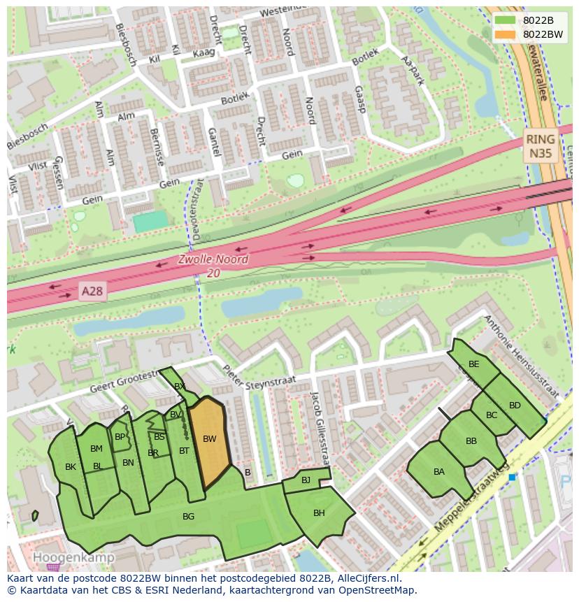 Afbeelding van het postcodegebied 8022 BW op de kaart.