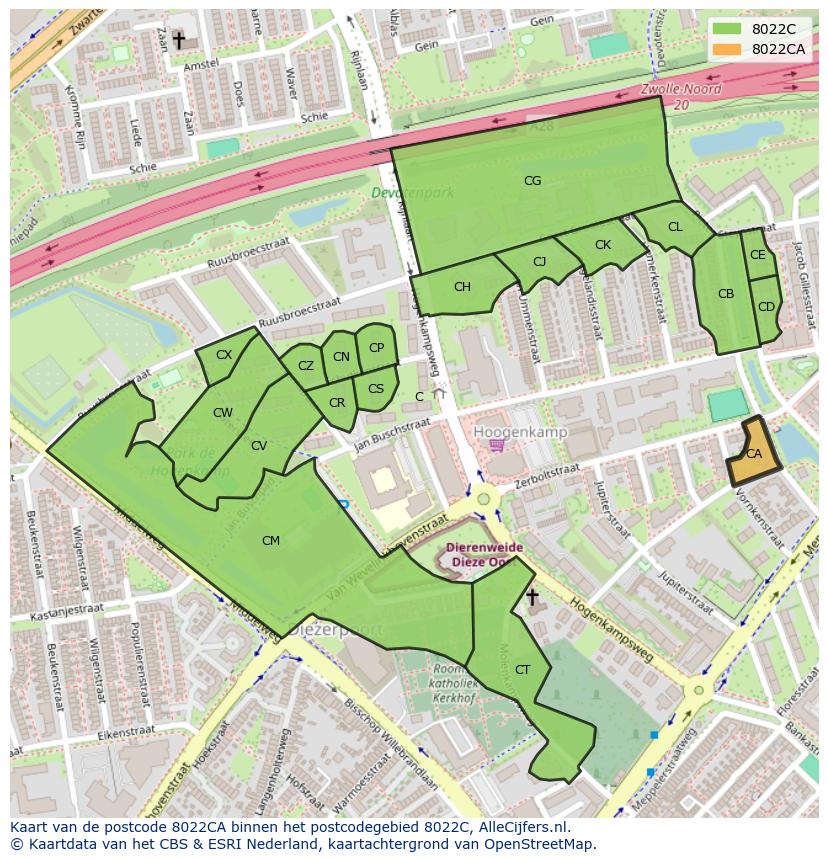 Afbeelding van het postcodegebied 8022 CA op de kaart.