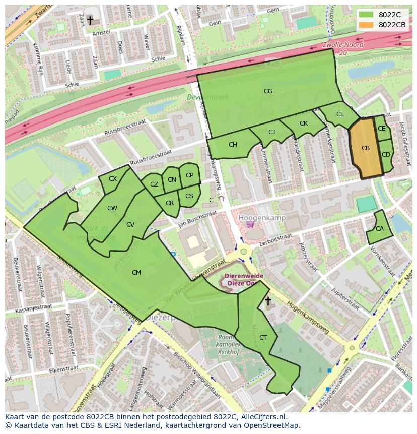 Afbeelding van het postcodegebied 8022 CB op de kaart.