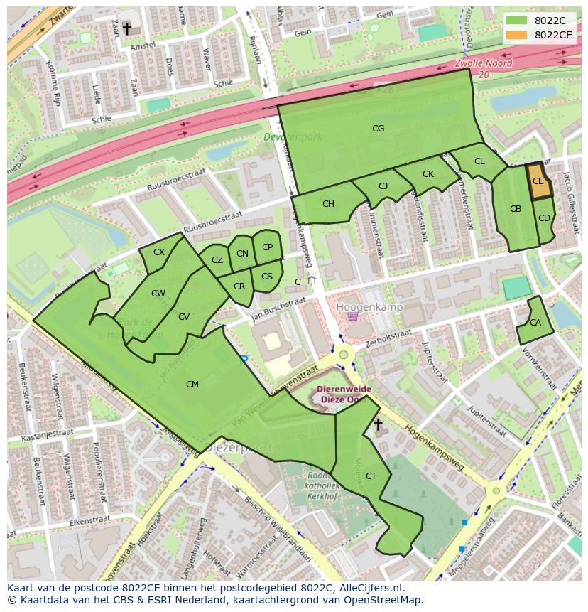 Afbeelding van het postcodegebied 8022 CE op de kaart.