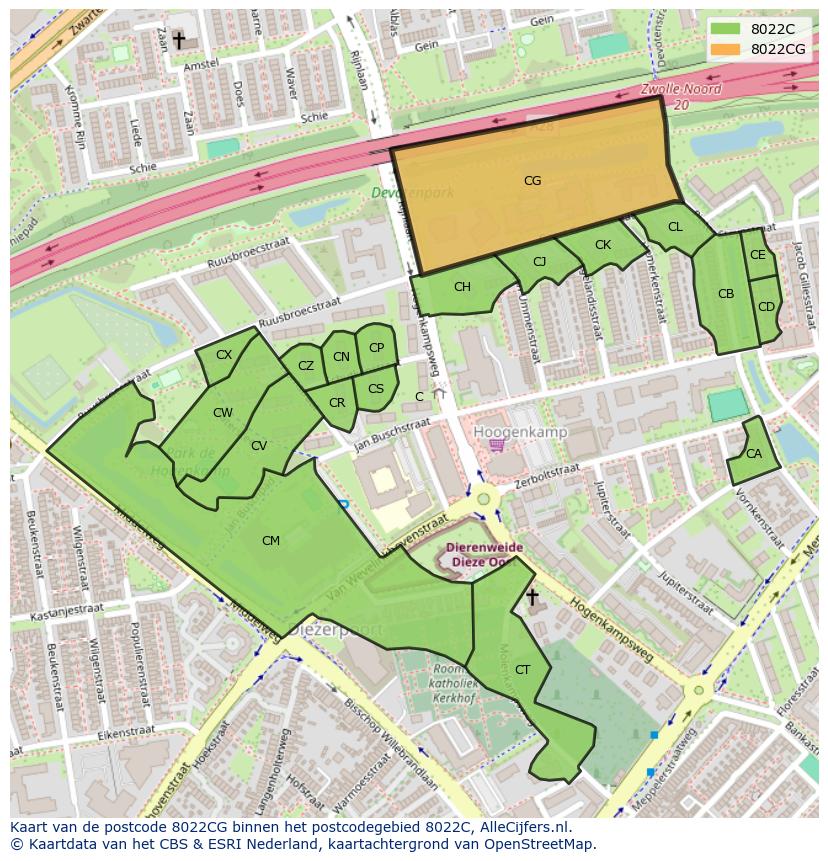 Afbeelding van het postcodegebied 8022 CG op de kaart.