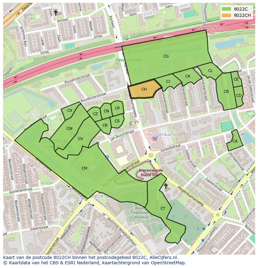 Afbeelding van het postcodegebied 8022 CH op de kaart.