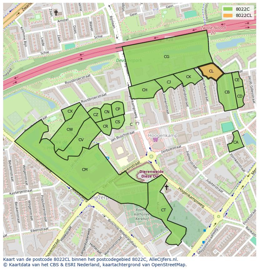 Afbeelding van het postcodegebied 8022 CL op de kaart.