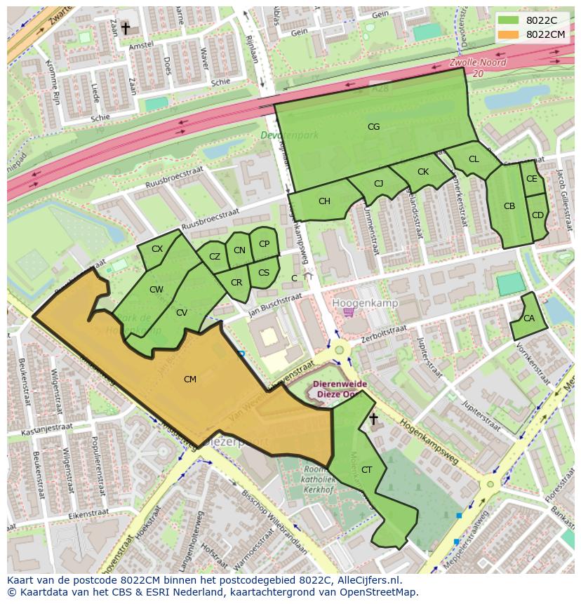 Afbeelding van het postcodegebied 8022 CM op de kaart.