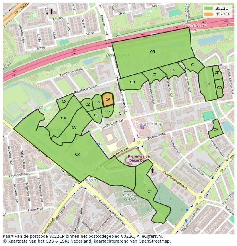 Afbeelding van het postcodegebied 8022 CP op de kaart.