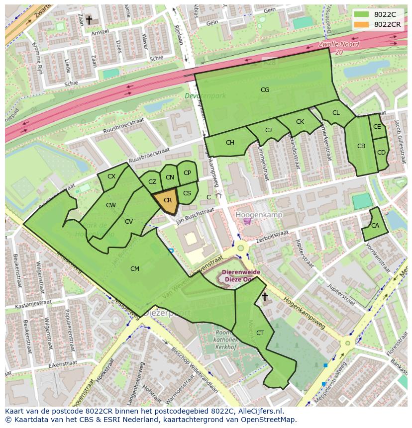 Afbeelding van het postcodegebied 8022 CR op de kaart.