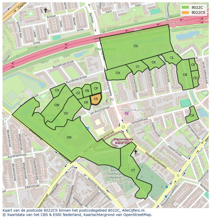 Afbeelding van het postcodegebied 8022 CS op de kaart.