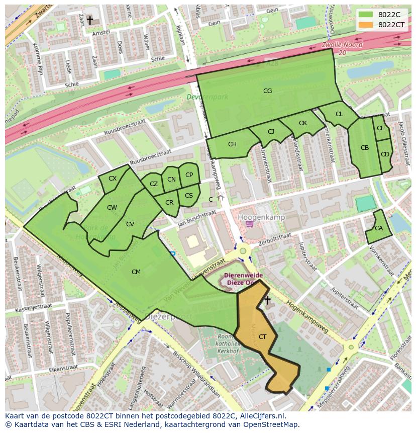 Afbeelding van het postcodegebied 8022 CT op de kaart.