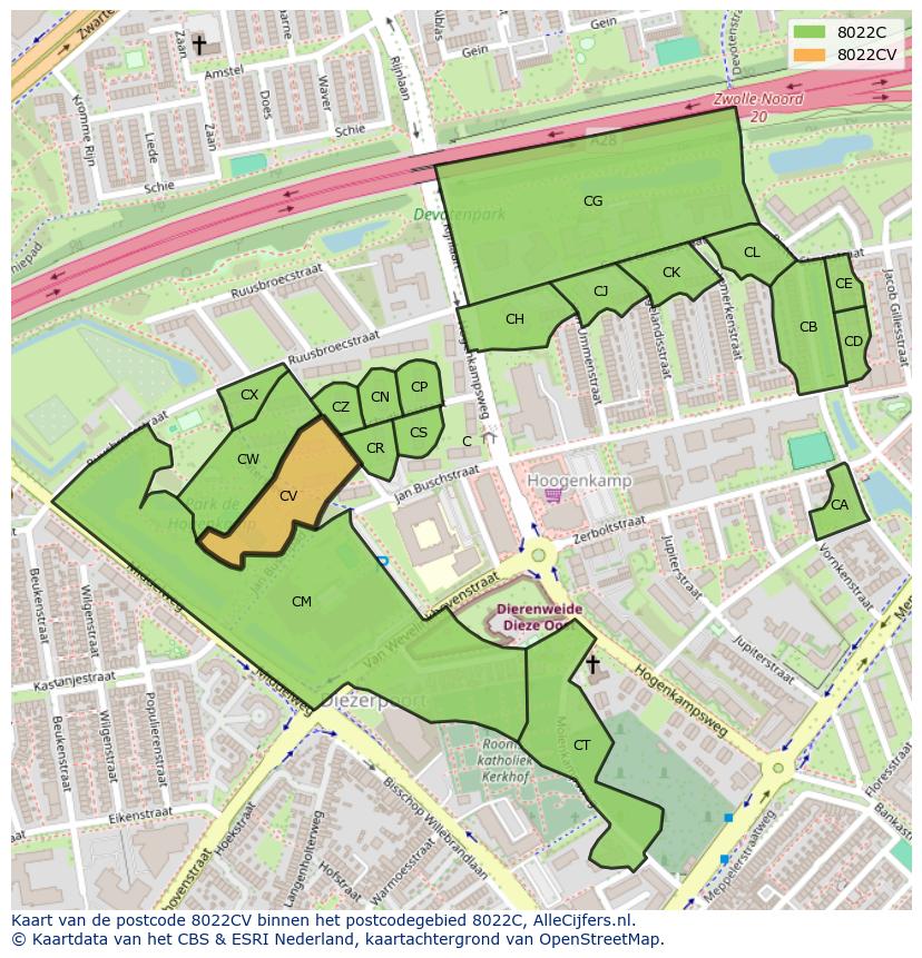 Afbeelding van het postcodegebied 8022 CV op de kaart.