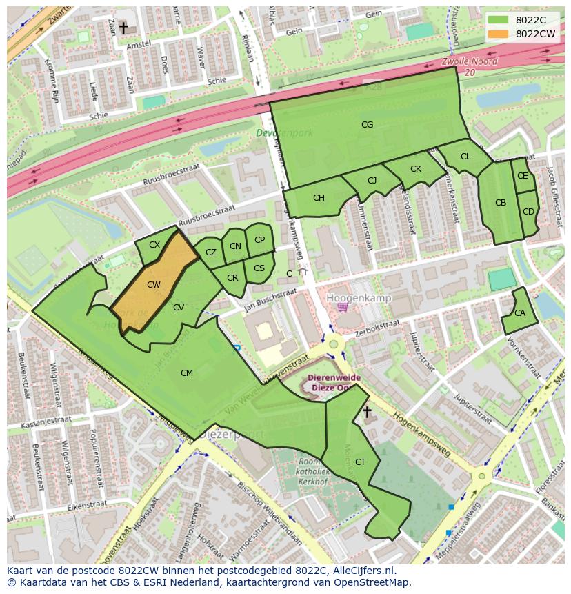 Afbeelding van het postcodegebied 8022 CW op de kaart.