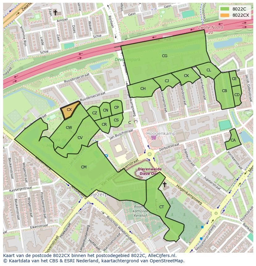 Afbeelding van het postcodegebied 8022 CX op de kaart.