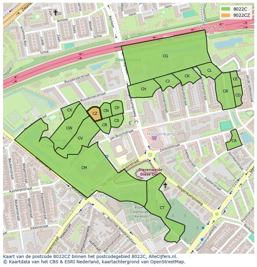 Afbeelding van het postcodegebied 8022 CZ op de kaart.