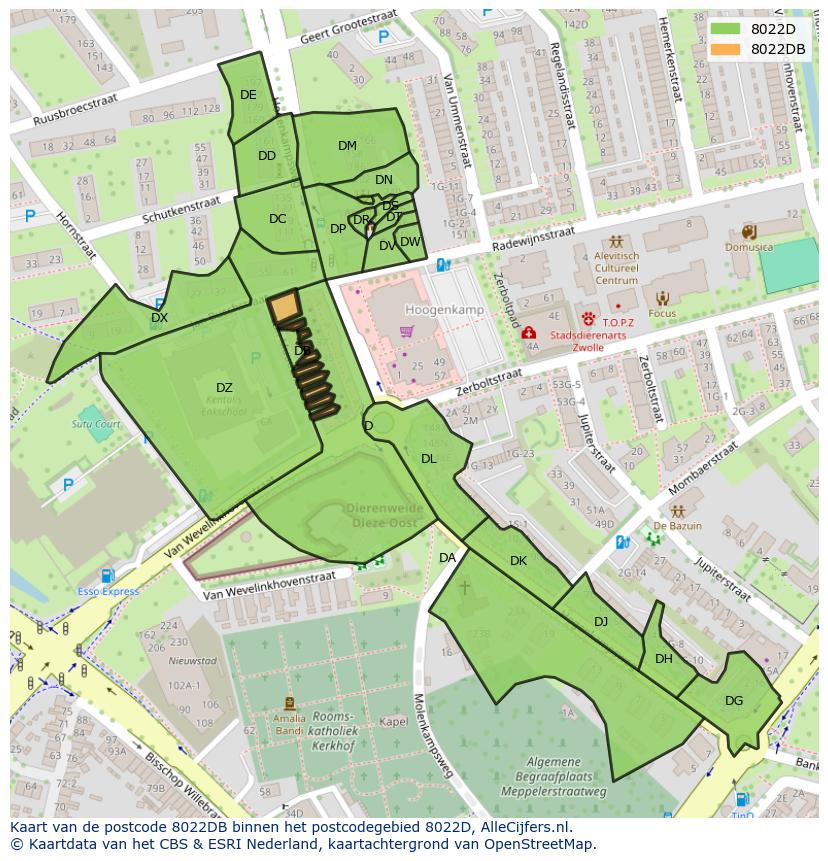 Afbeelding van het postcodegebied 8022 DB op de kaart.