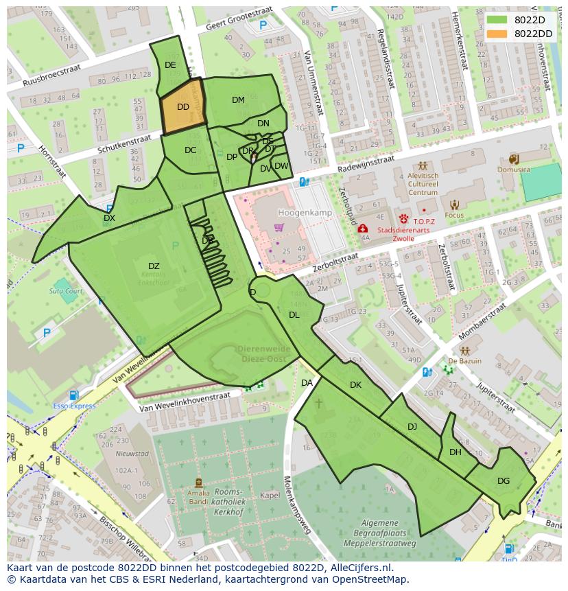 Afbeelding van het postcodegebied 8022 DD op de kaart.