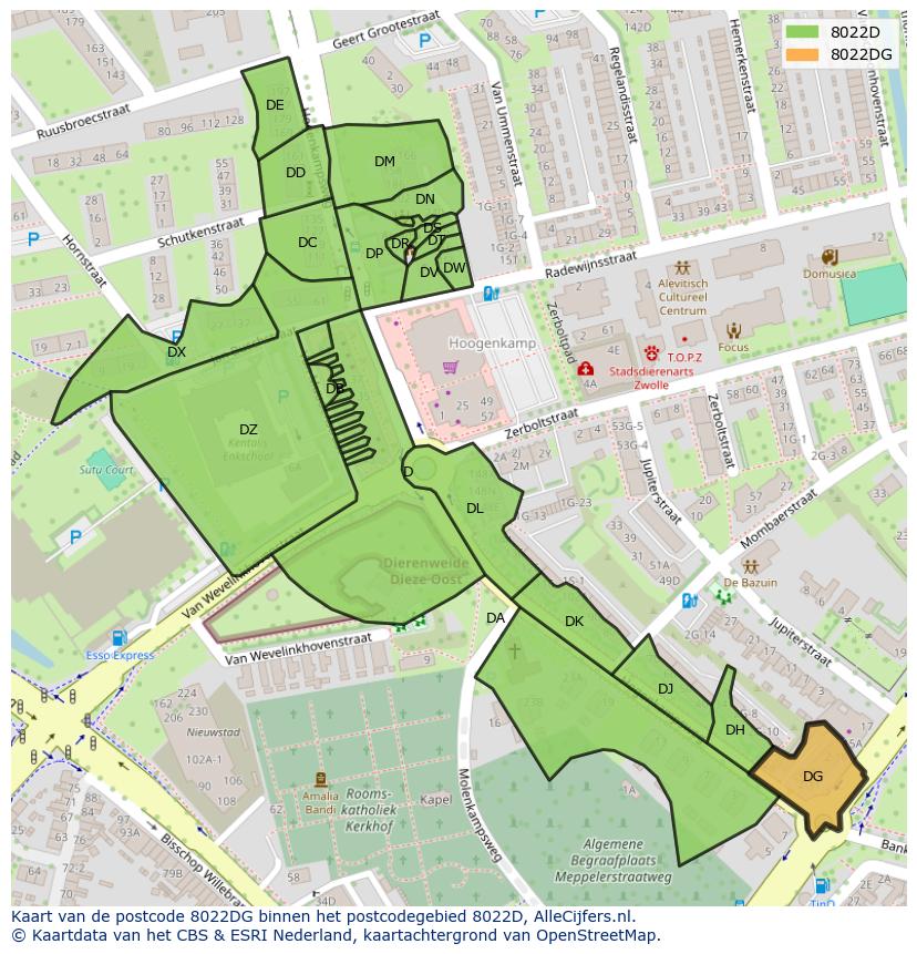 Afbeelding van het postcodegebied 8022 DG op de kaart.