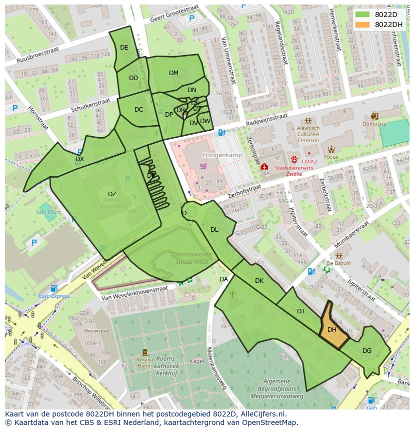 Afbeelding van het postcodegebied 8022 DH op de kaart.