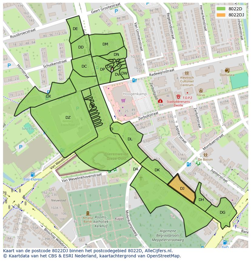 Afbeelding van het postcodegebied 8022 DJ op de kaart.