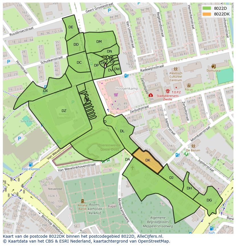 Afbeelding van het postcodegebied 8022 DK op de kaart.