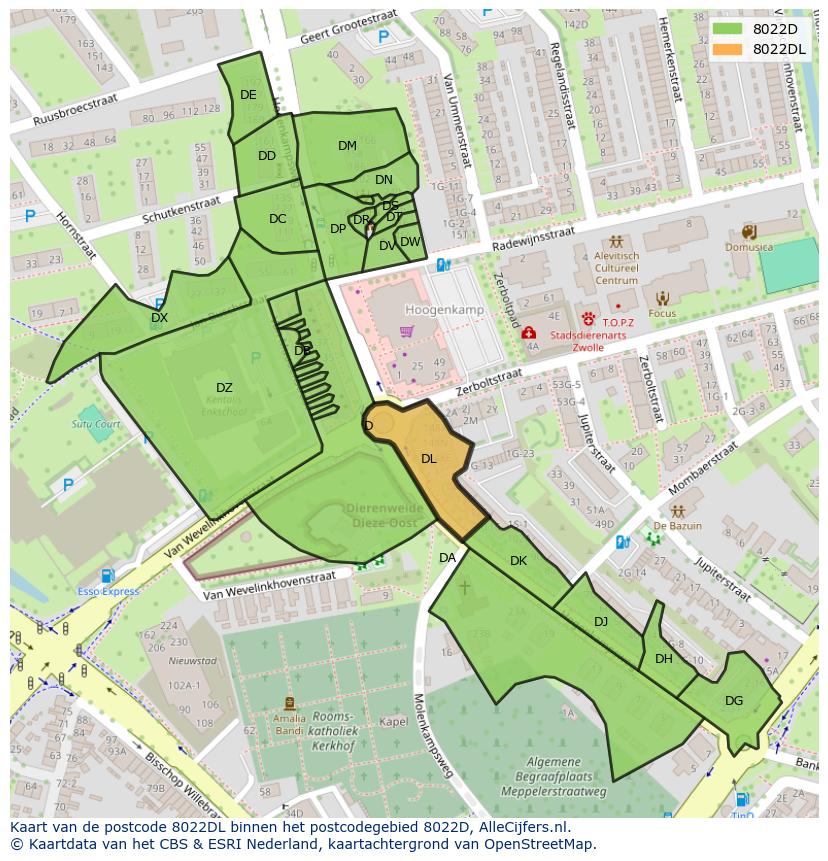 Afbeelding van het postcodegebied 8022 DL op de kaart.