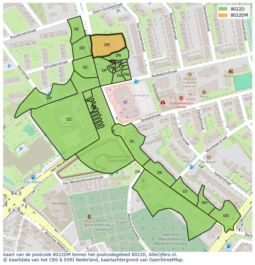 Afbeelding van het postcodegebied 8022 DM op de kaart.