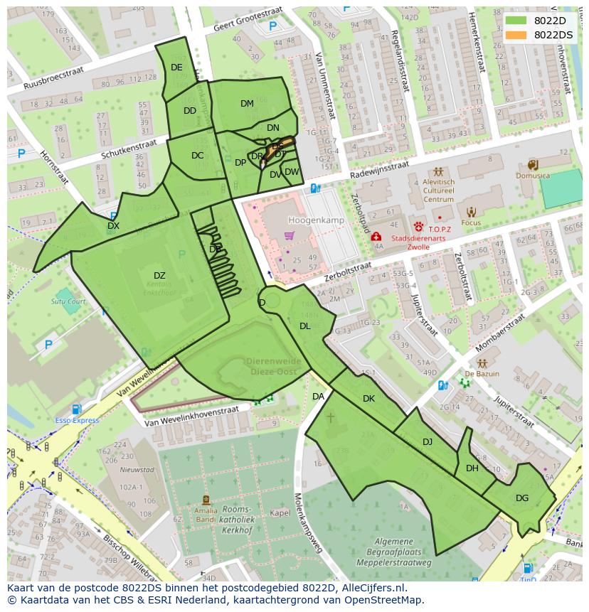 Afbeelding van het postcodegebied 8022 DS op de kaart.
