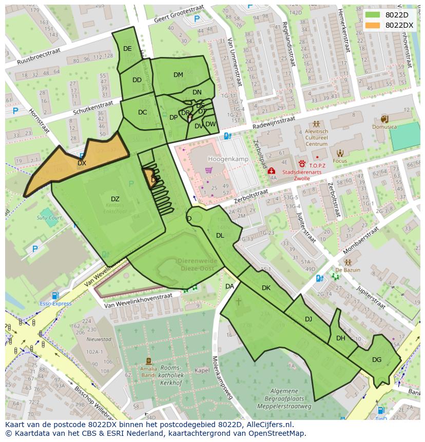 Afbeelding van het postcodegebied 8022 DX op de kaart.