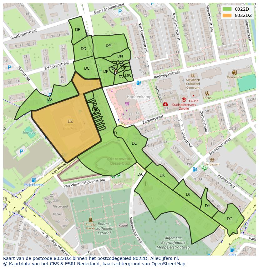 Afbeelding van het postcodegebied 8022 DZ op de kaart.