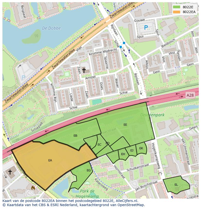 Afbeelding van het postcodegebied 8022 EA op de kaart.