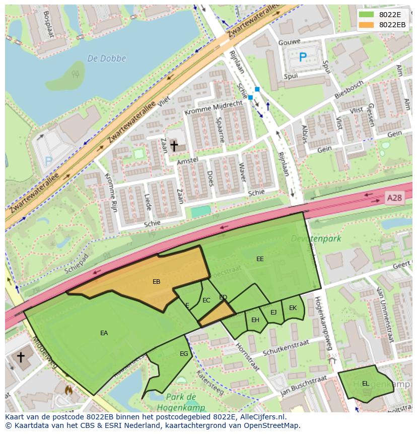 Afbeelding van het postcodegebied 8022 EB op de kaart.