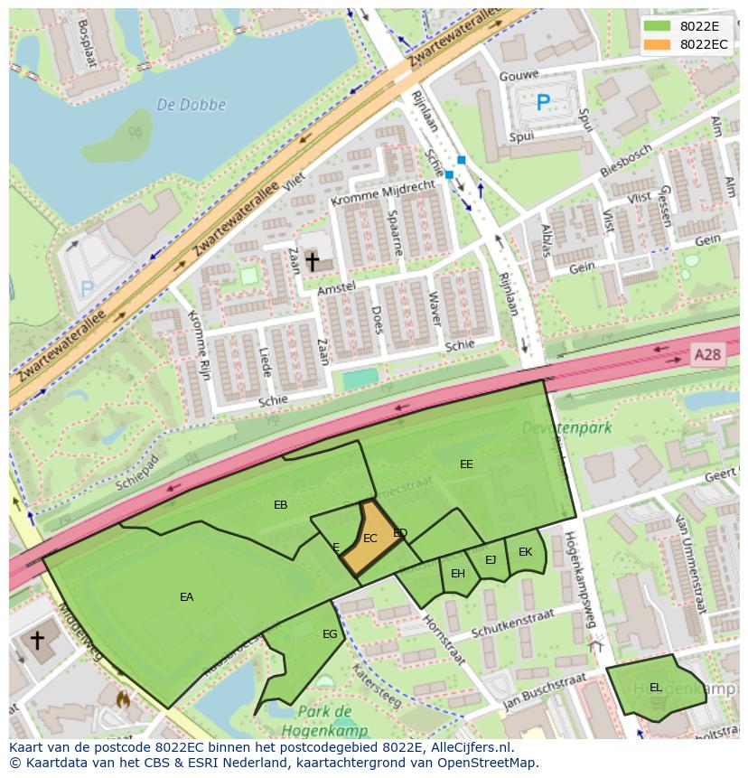 Afbeelding van het postcodegebied 8022 EC op de kaart.